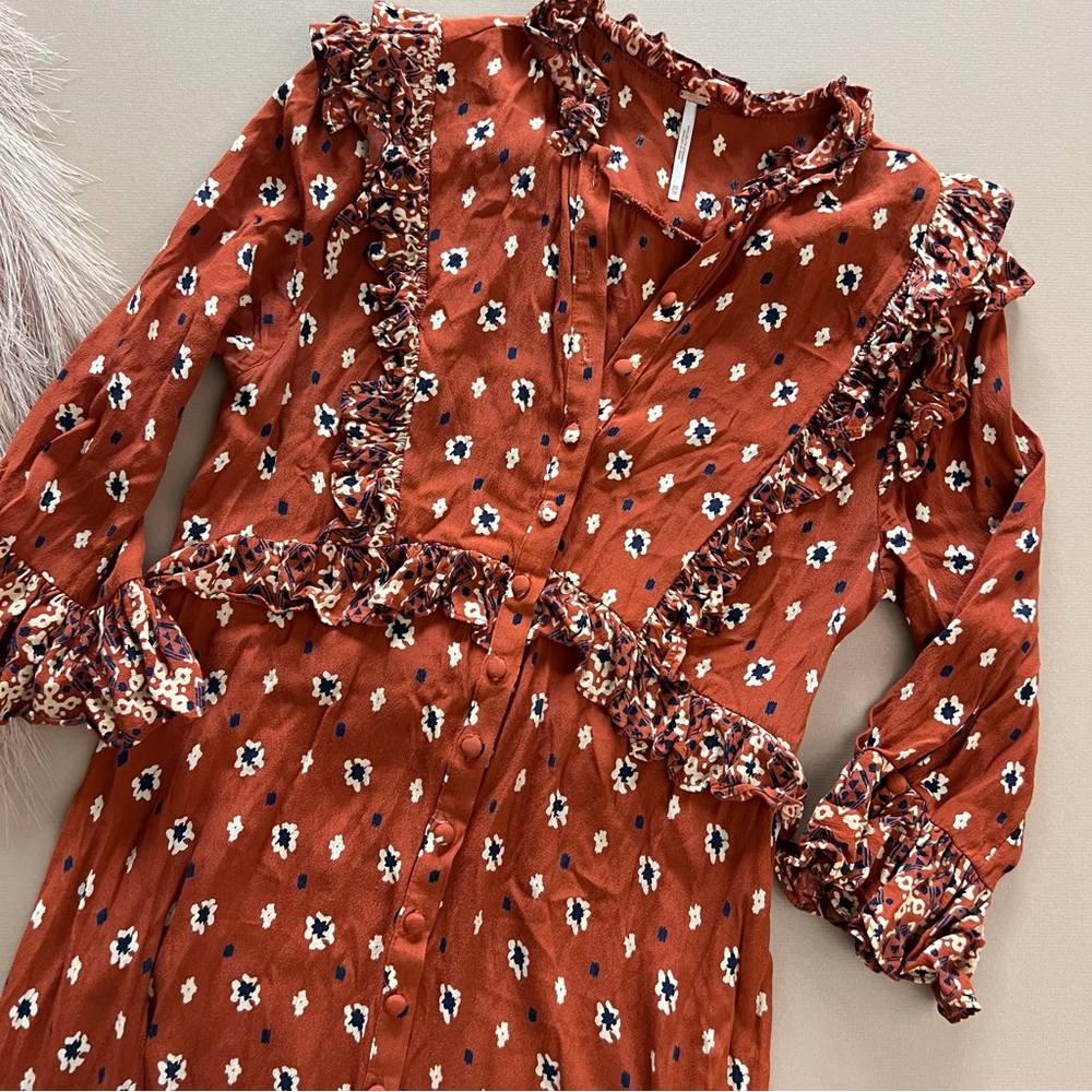 Free People Rust Boho Printed Ruffle Longline Duster - Picture 4 of 16